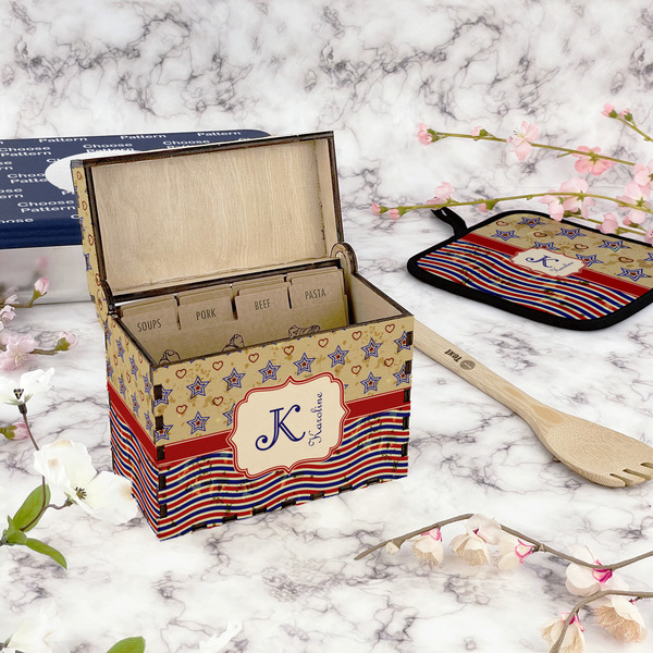 Vintage Stars & Stripes Recipe Box - Full Color - In Context
