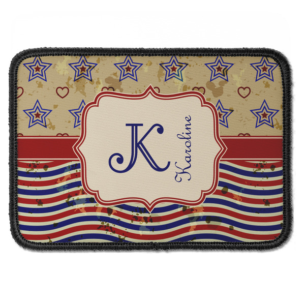 Custom Vintage Stars & Stripes Iron On Rectangle Patch w/ Name and Initial