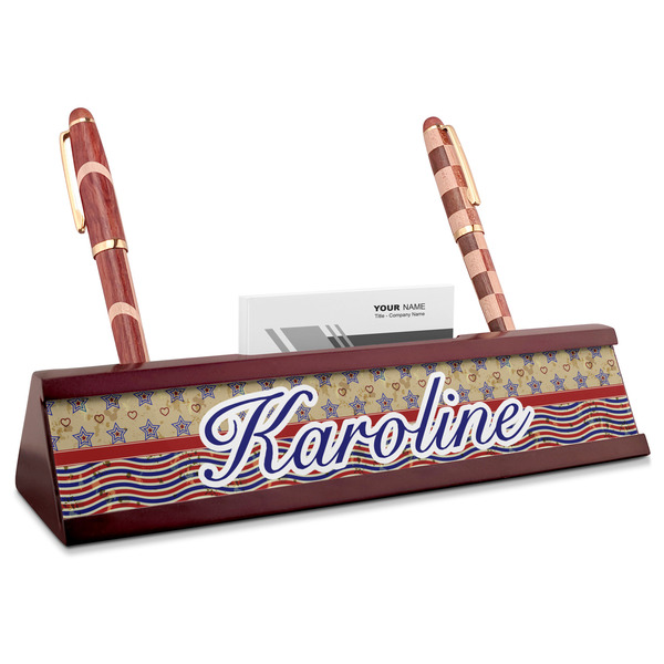 Custom Vintage Stars & Stripes Red Mahogany Nameplate with Business Card Holder (Personalized)