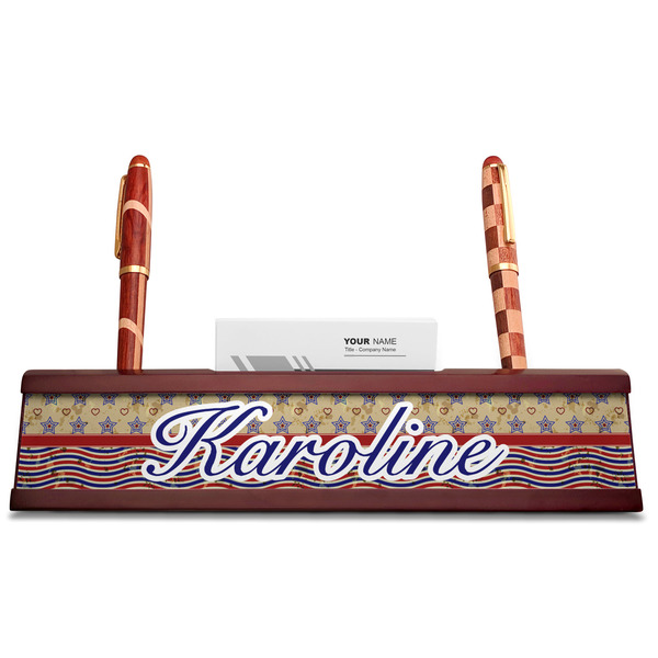 Vintage Stars & Stripes Red Mahogany Nameplates with Business Card Holder - Straight