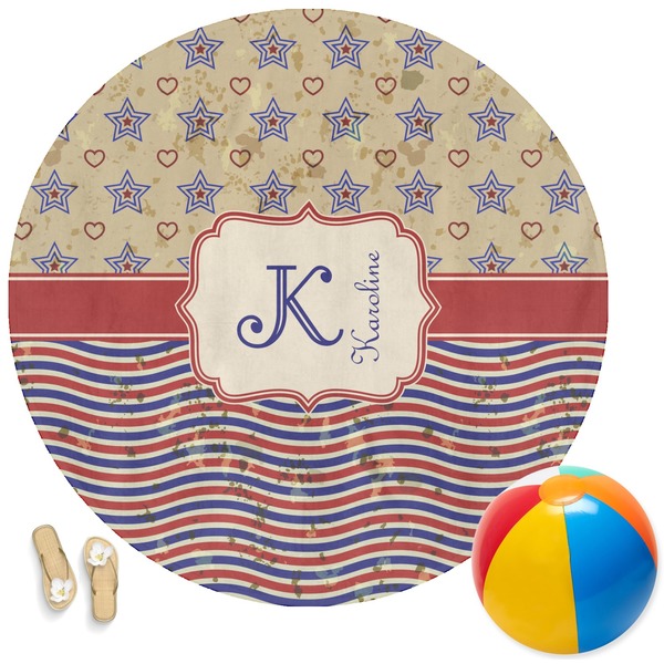 Custom Vintage Stars & Stripes Round Beach Towel (Personalized)