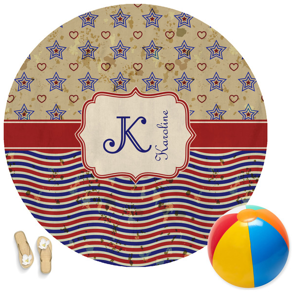 Custom Vintage Stars & Stripes Round Beach Towel (Personalized)