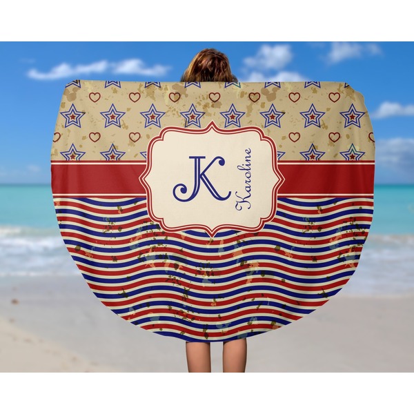Vintage Stars & Stripes Round Beach Towel - In Use