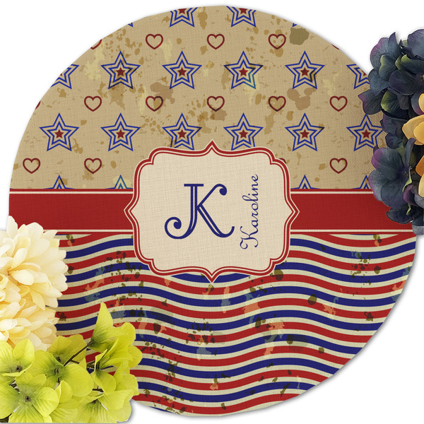 Vintage Stars & Stripes Round Linen Placemats - Front (w flowers)