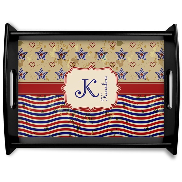Custom Vintage Stars & Stripes Black Wooden Tray - Large (Personalized)