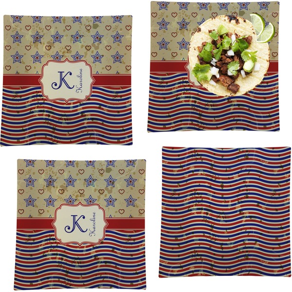 Custom Vintage Stars & Stripes Set of 4 Glass Square Lunch / Dinner Plate 9.5" (Personalized)