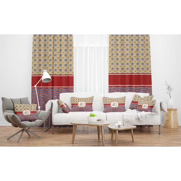 Vintage Stars & Stripes Sheer and Custom Curtains in Room with Matching Pillows