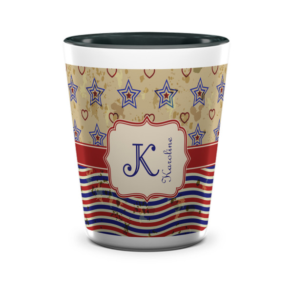 Custom Vintage Stars & Stripes Ceramic Shot Glass - 1.5 oz - Two Tone - Set of 4 (Personalized)