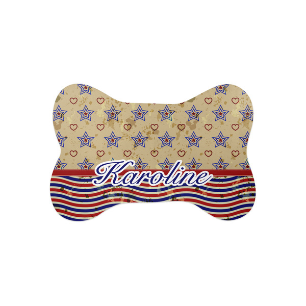 Custom Vintage Stars & Stripes Bone Shaped Dog Food Mat (Small) (Personalized)