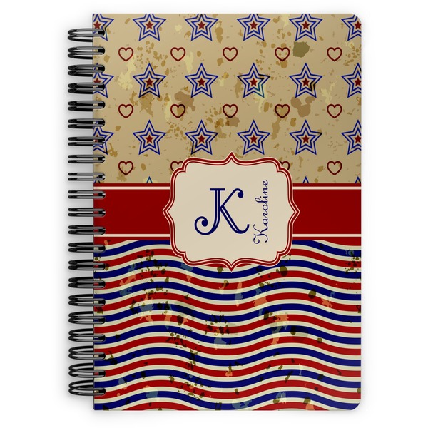 Custom Vintage Stars & Stripes Spiral Notebook - 7x10 w/ Name and Initial
