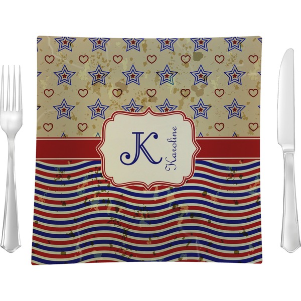 Custom Vintage Stars & Stripes 9.5" Glass Square Lunch / Dinner Plate- Single or Set of 4 (Personalized)