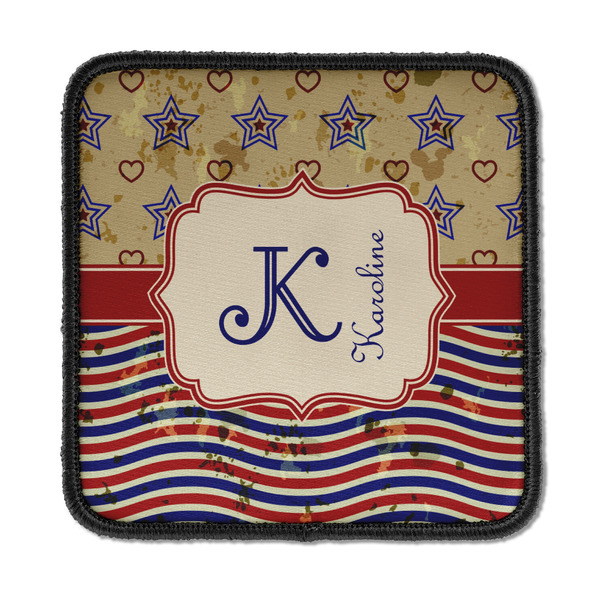 Custom Vintage Stars & Stripes Iron On Square Patch w/ Name and Initial
