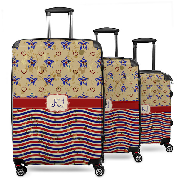Custom Vintage Stars & Stripes 3 Piece Luggage Set - 20" Carry On, 24" Medium Checked, 28" Large Checked (Personalized)