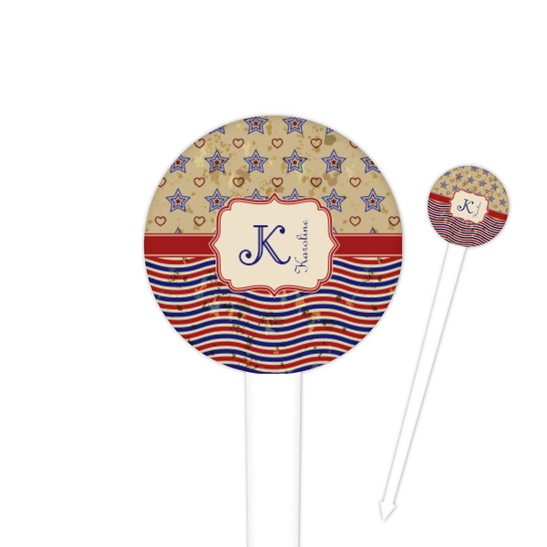Custom Vintage Stars & Stripes 4" Round Plastic Food Picks - White - Double Sided (Personalized)