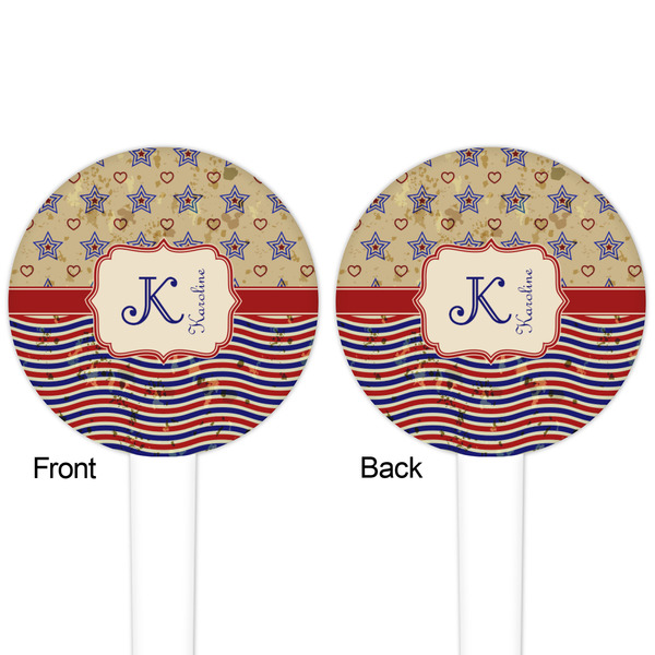 Vintage Stars & Stripes White Plastic 4" Food Pick - Round - Double Sided - Front & Back
