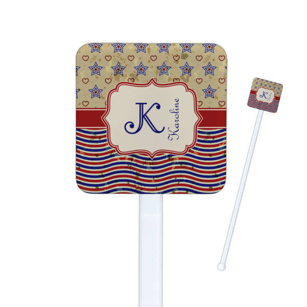 Custom Vintage Stars & Stripes Square Plastic Stir Sticks - Single Sided (Personalized)
