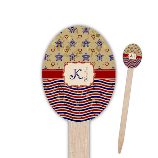 Custom Vintage Stars & Stripes Oval Wooden Food Picks - Double Sided (Personalized)