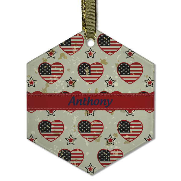Custom Americana Flat Glass Ornament - Hexagon w/ Name or Text