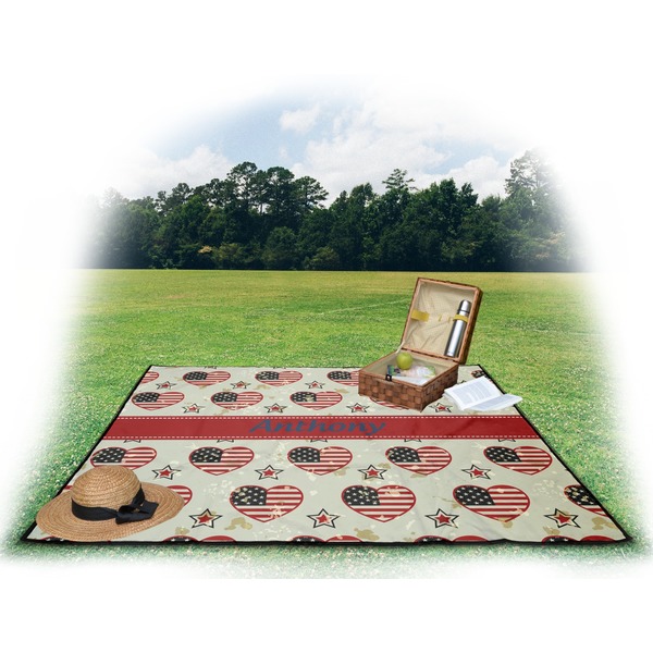 Americana Picnic Blanket - with Basket Hat and Book - in Use