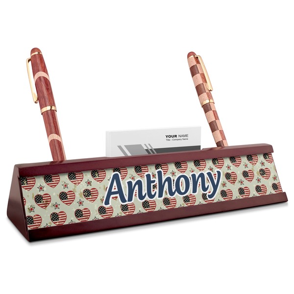 Custom Americana Red Mahogany Nameplate with Business Card Holder (Personalized)