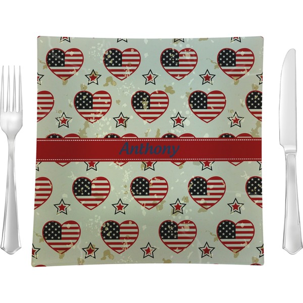 Custom Americana 9.5" Glass Square Lunch / Dinner Plate- Single or Set of 4 (Personalized)