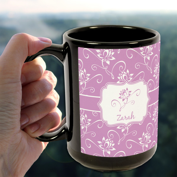 Lotus Flowers 15oz. Black Mug - LIFESTYLE