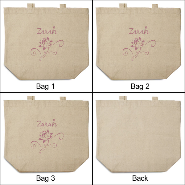 Lotus Flowers 3 Reusable Cotton Grocery Bags - Front & Back View
