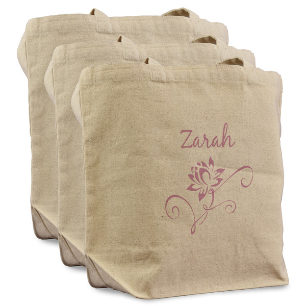 Custom Lotus Flowers Reusable Cotton Grocery Bags - Set of 3 (Personalized)