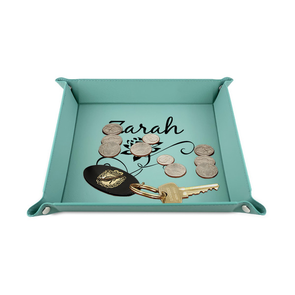 Lotus Flowers 6" x 6" Teal Leatherette Snap Up Tray - STYLED