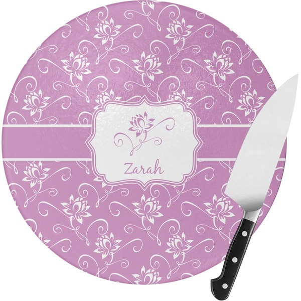 Custom Lotus Flowers Round Glass Cutting Board - Small (Personalized)