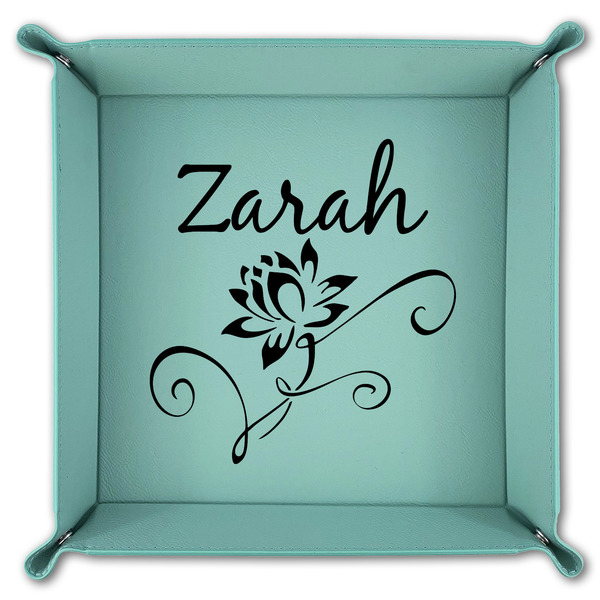 Lotus Flowers 9" x 9" Teal Leatherette Snap Up Tray - FOLDED