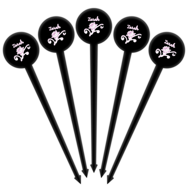 Lotus Flowers Black Plastic 4" Food Pick - Round - Fan View