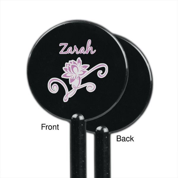Lotus Flowers Black Plastic 5.5" Stir Stick - Single Sided - Round - Front & Back