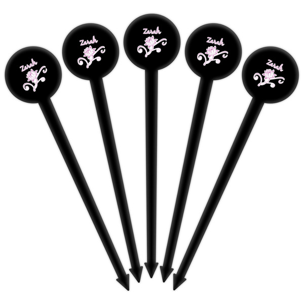 Lotus Flowers Black Plastic 6" Food Pick - Round - Fan View