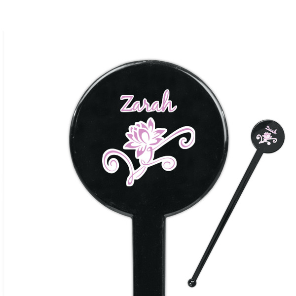 Custom Lotus Flowers 7" Round Plastic Stir Sticks - Black - Single Sided (Personalized)