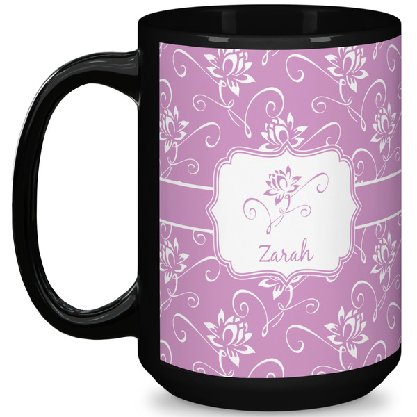 Custom Lotus Flowers 15 Oz Coffee Mug - Black (Personalized)