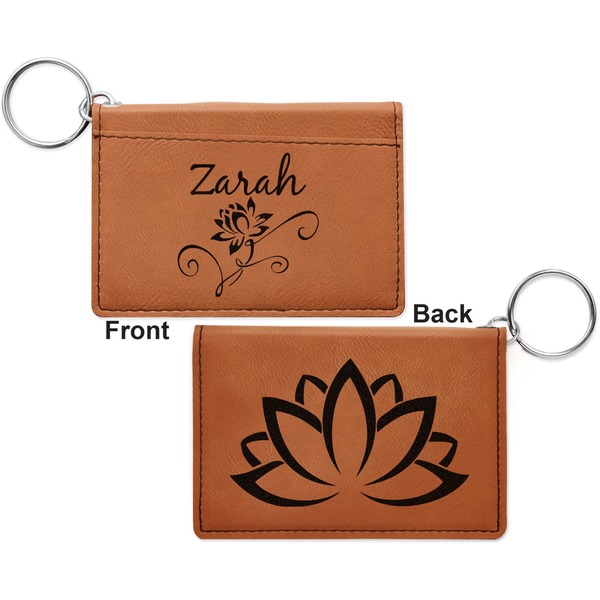 Lotus Flowers Cognac Leatherette Keychain ID Holders - Front and Back Apvl