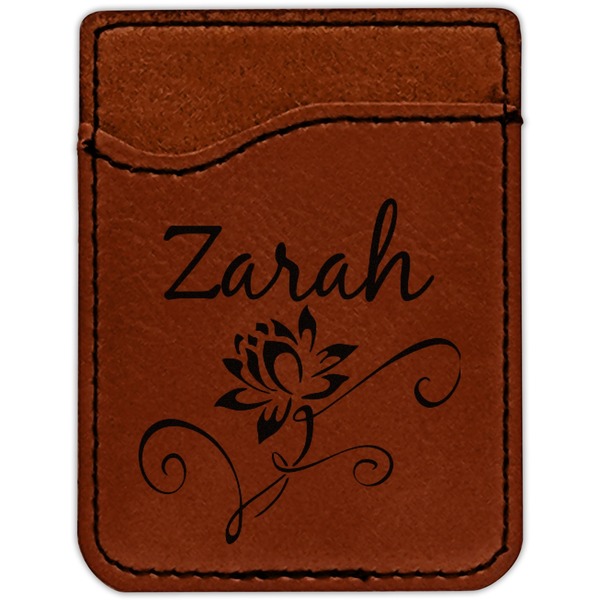 Lotus Flowers Cognac Leatherette Phone Wallet close up