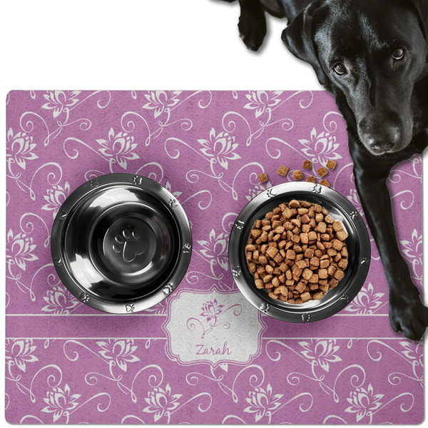 Custom Lotus Flowers Dog Food Mat - Large w/ Name or Text