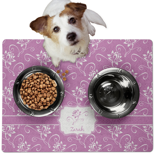 Custom Lotus Flowers Dog Food Mat - Medium w/ Name or Text