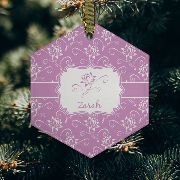 Lotus Flowers Frosted Glass Ornament - Hexagon (Lifestyle)