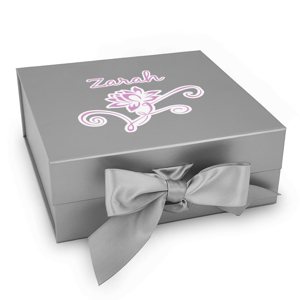 Custom Lotus Flowers Gift Box with Magnetic Lid - Silver (Personalized)