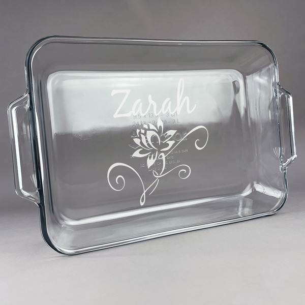 Custom Lotus Flowers Glass Baking Dish with Truefit Lid - 13in x 9in (Personalized)