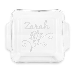 Lotus Flowers Glass Cake Dish with Truefit Lid - 8in x 8in (Personalized)