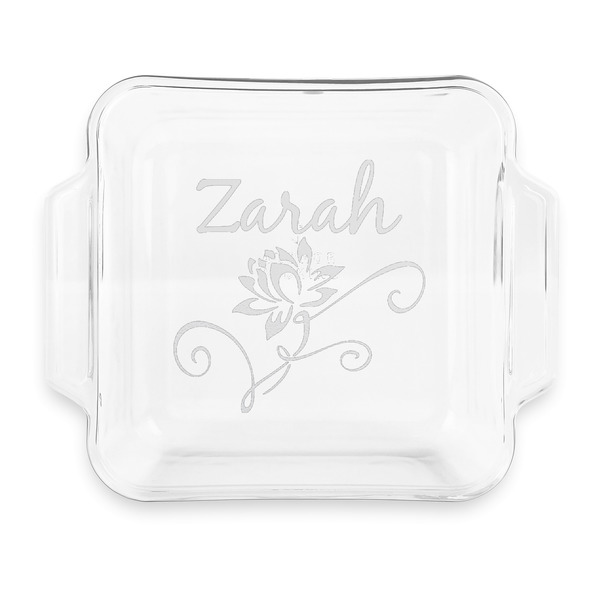 Custom Lotus Flowers Glass Cake Dish with Truefit Lid - 8in x 8in (Personalized)