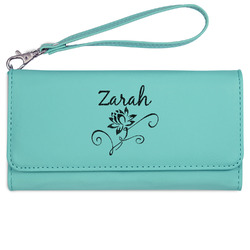 Lotus Flowers Ladies Leatherette Wallet - Laser Engraved- Teal (Personalized)