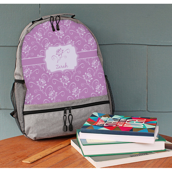 Lotus Flowers Large Backpack - Gray - On Desk