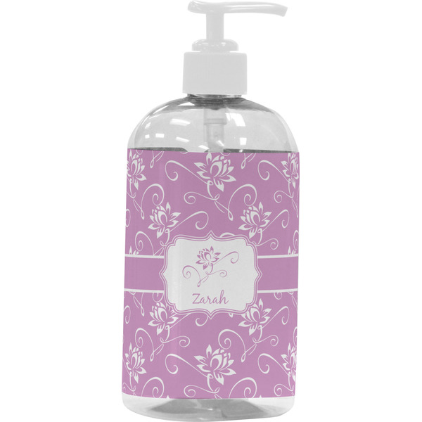 Custom Lotus Flowers Plastic Soap / Lotion Dispenser (16 oz - Large - White) (Personalized)