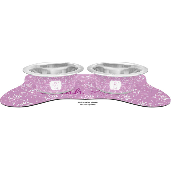 Lotus Flowers Metal Pet Bowls - On Dog Bone Shaped Mat