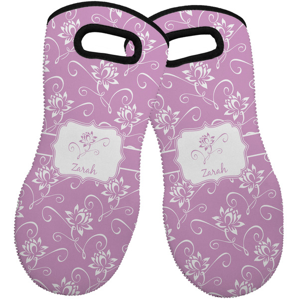 Custom Lotus Flowers Neoprene Oven Mitts - Set of 2 w/ Name or Text